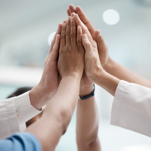 Fünf Hände von Job-Experten gemeinsam abklatschend